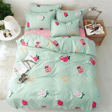 Fresh Green Color With Red Strawberry Print Girls Duvet Cover Twin