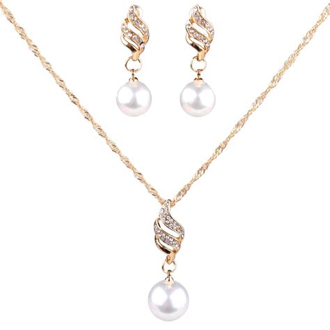 Claire Jin Simulated Pearl Jewelry Set Pendant Necklace And Earring