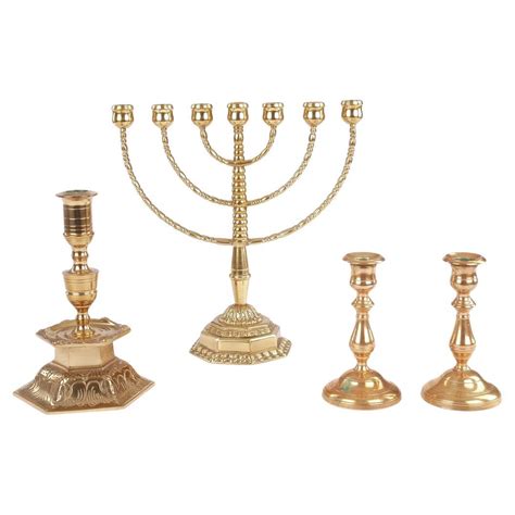 A Set Antique Candelabras Brutalist Menorah Jewish Judaica Golden