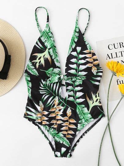 Tropical Print Knot Front Plunging One Piece Swim One Piece Swim