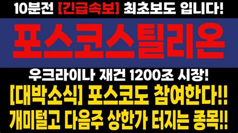 주식 포스코스틸리온 우크라이나 재건 1200조 시장 대박소식 포스코도 참여한다 개미털고 다음주 상한가 터지는 종목