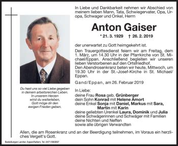 Traueranzeigen Von Anton Gaiser Trauer Bz