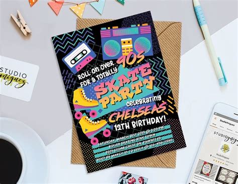 90s Theme Birthday Party Printable Invitation Skate Party Etsy