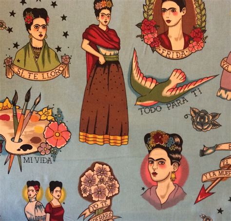 Frida Kahlo Mexico Art Viva Love Tattoo Painting Quilting Cotton Fabric ...