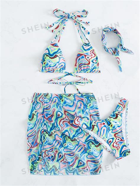 Shein Swim Event Swirl Bikini Set Lace Up Triangle Bra High Cut