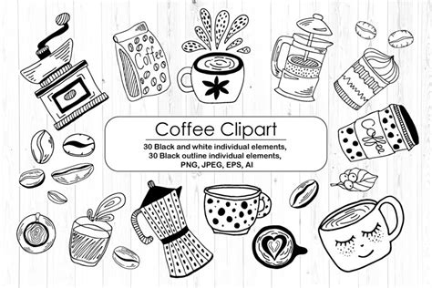 Black And White Coffee Clipart - Doodles Line Art Set