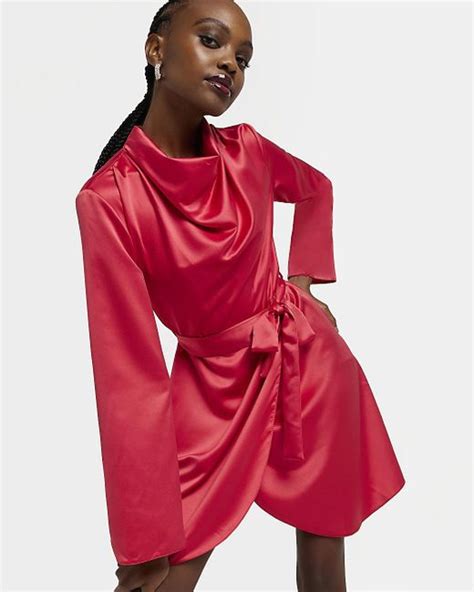 River Island Red Satin High Neck Mini Dress Lyst