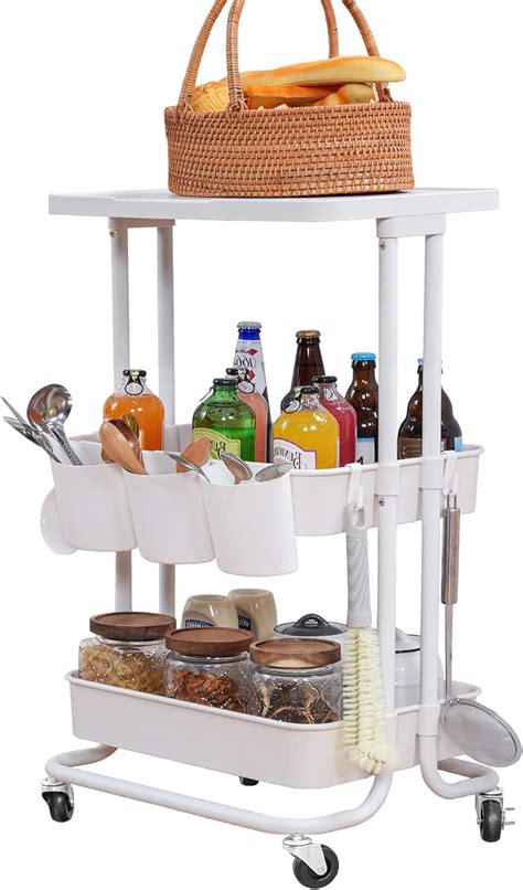 Amazon BEEY 3 Tiers Rolling Cart With Tabletop And Hanging Cups