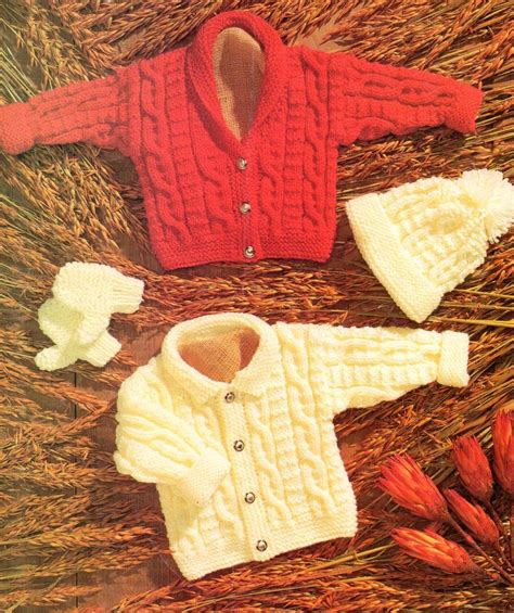 Baby Knitting Pattern Pdf Aran Cable Cardigans Hat Mittens Etsy