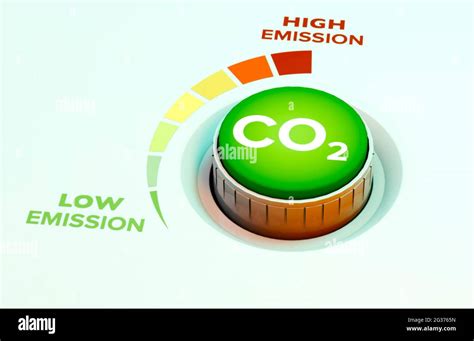 Lower CO2 emissions to limit global warming and climate change. Concept with knob to reduce ...