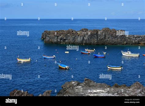 Colorful Boats C Mara De Lobos Madeira Portugal Europe Stock Photo