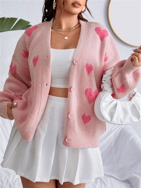 Shein Qutie Plus Heart Pattern Drop Shoulder Cardigan Shein Usa