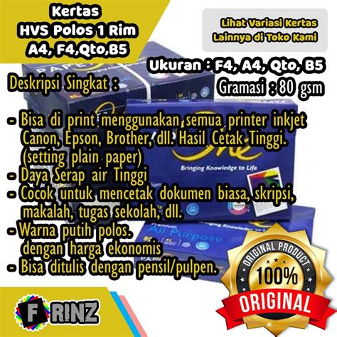 Jual Kertas Hvs Gram Putih Polos Rim Lembar F A Qto B