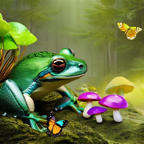 A Surreal Frog With Butterfly Wings Hopping Among Glowing Mushrooms In