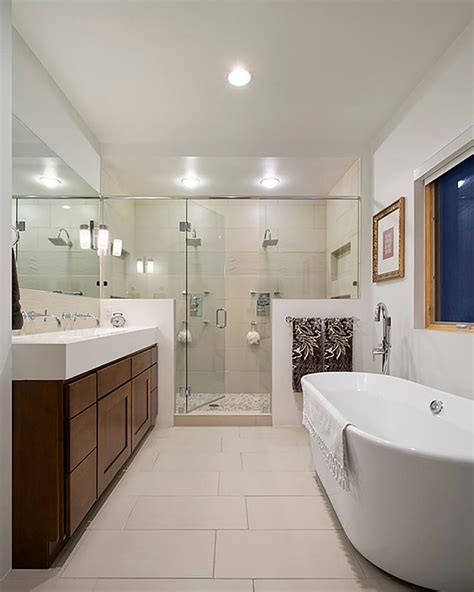 Modern White Master Bathroom With Large Glass And Tile Shower And