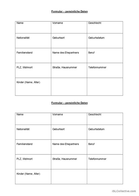 Persönliche Daten Steckbrief Allge Deutsch Daf Arbeitsblätter Pdf And Doc