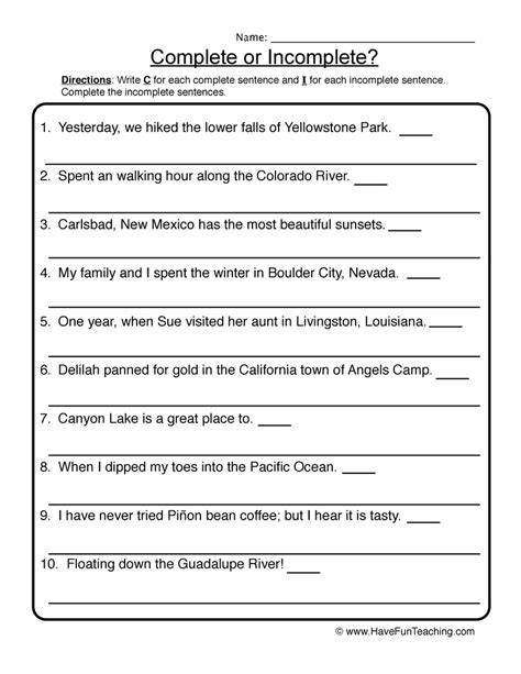 Complete Vs Incomplete Sentences Worksheet