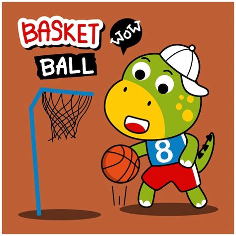 Dinosaurier Der Basketball Spielt Lustige Tierkarikatur Premium Vektor