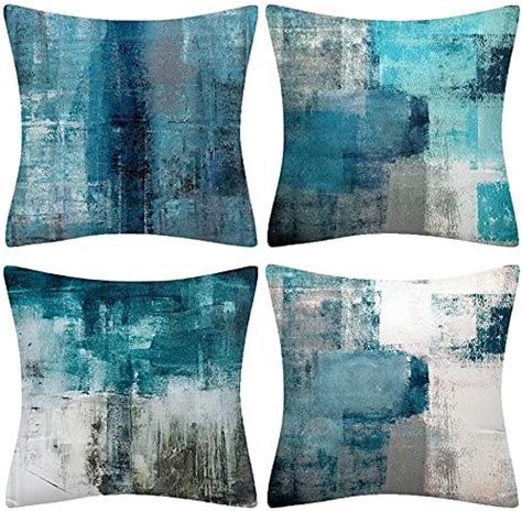 QUALKNOY Set Of 4 Velvet Cushion Covers 45x45 Cm Teal Abstract Art