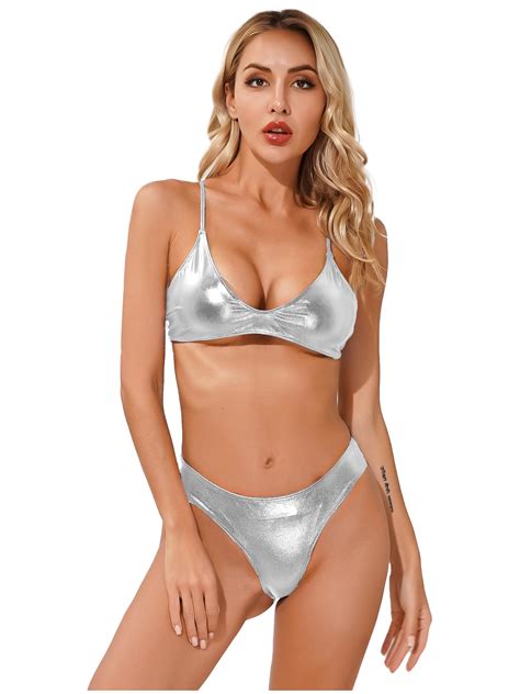 Chictry Womens Shiny Metallic Faux Leather Bikini Set Halter Bra Tops