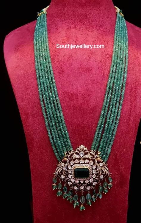 Emerald Beads Long Necklace With Peacock Polki Pendant