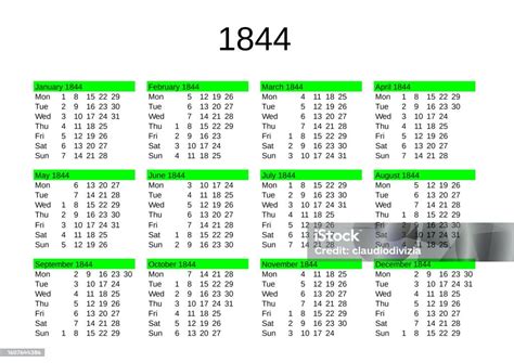 Year 1844 Calendar In English Stock Illustration Download Image Now