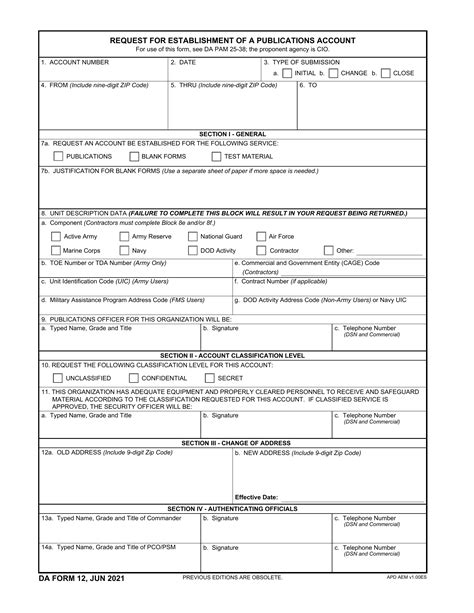 DA Form 12. Request for Establishment of a Publications Account | Forms ...