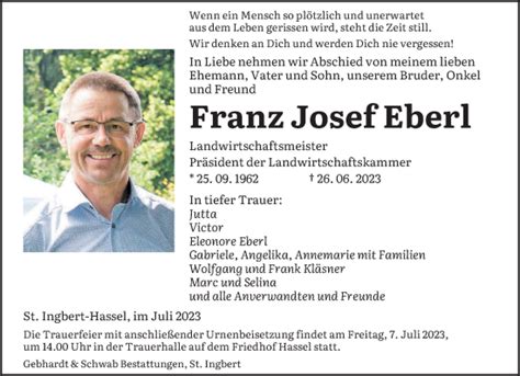 Traueranzeigen Von Franz Josef Eberl Saarbruecker Zeitung Trauer De