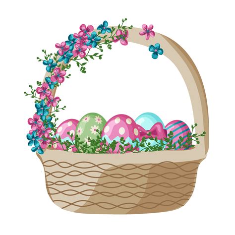 Cartoon Easter Baskets With Painted Eggs And Spring Flowers Wicker