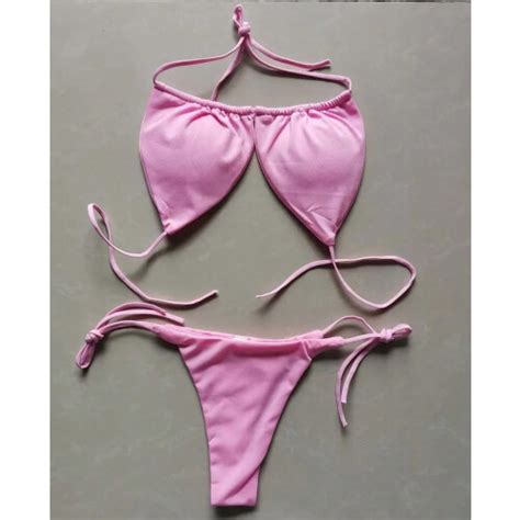 Pink L Summer Sexy Bikini Set Push Up Padded Bra Thong Split