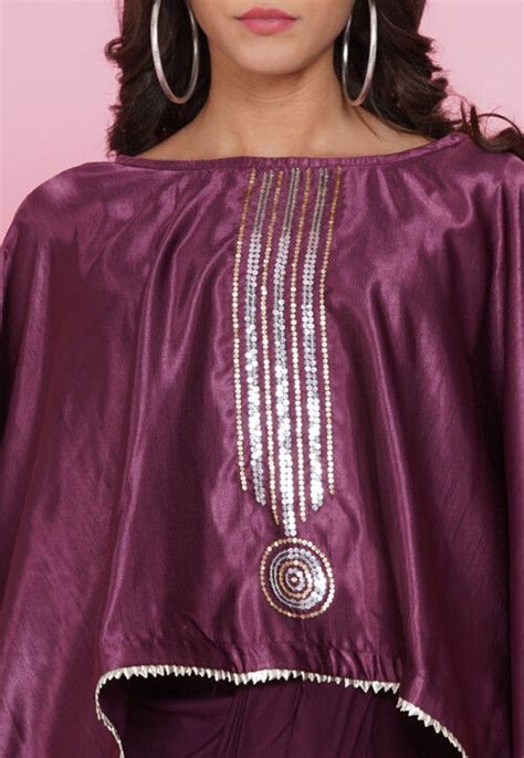 Embellished Dupion Silk Cape Style Top Set In Violet TUZ182