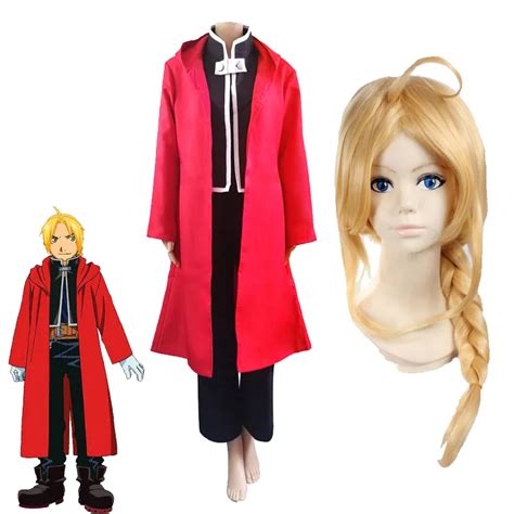 Anime Fullmetal Alchemist Cosplay Costume Edward Elric Cosplay Wigs Red Cloak Adults Performance