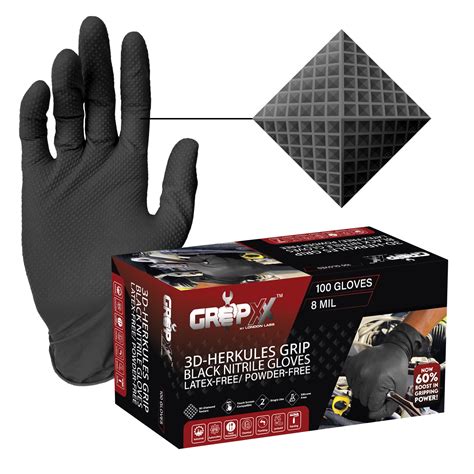 GRIPXX 8 Mil Black Nitrile Gloves Heavy Duty 3D Raised Diamond