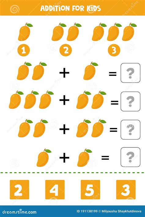 Addition with Cute Cartoon Vector Mango. Printable Worksheet. Stock ...