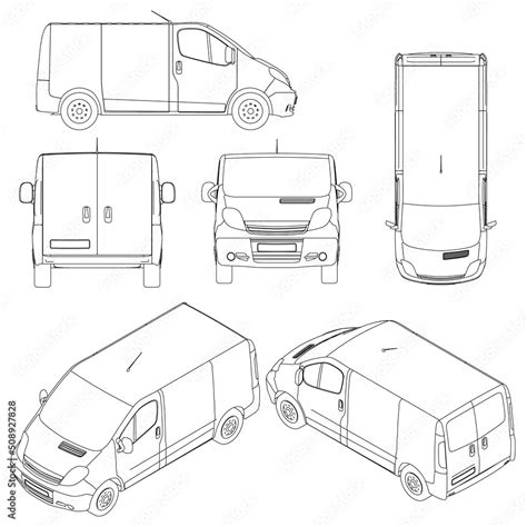 Set With Outlines Of A Van From Black Lines Isolated On A White