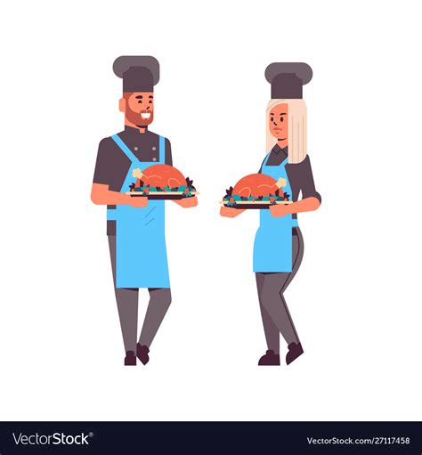 Cooks Couple Professional Chefs Holding Trays Vector Image