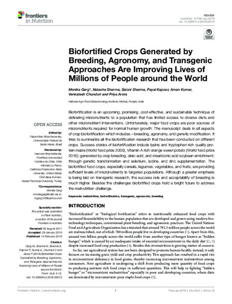 Pdf Biofortified Crops Generated By Breeding Agronomy And Transgenic Approaches Are