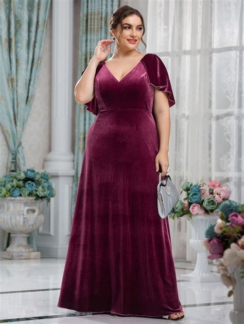 Plus Deep V Neck Overlay Velvet Dress Velvet Dress Plus Size Dress