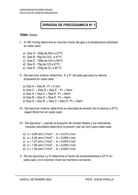 Dirigida DE Fisicoquimica 1 UNIVERSIDAD RICARDO PALMA FACULTAD DE