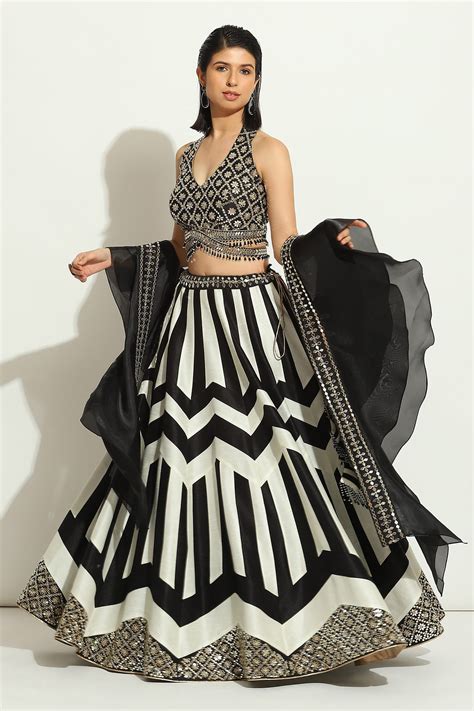 Buy Black Dupion Silk Embroidered Chevron Halter Neck Blouse Lehenga