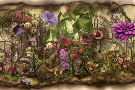 Steampunk Flower Garden Hyper Realistic Intricate Detail Watercolor