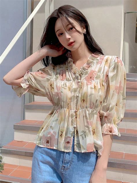 Dazy Floral Print Frill Trim Flounce Sleeve Peplum Blouse Traditional