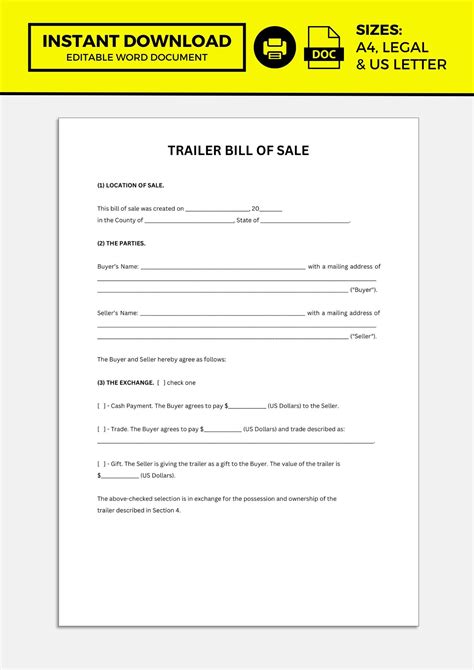 Trailer Bill Of Sale Trailer Bill Of Sale Template Etsy