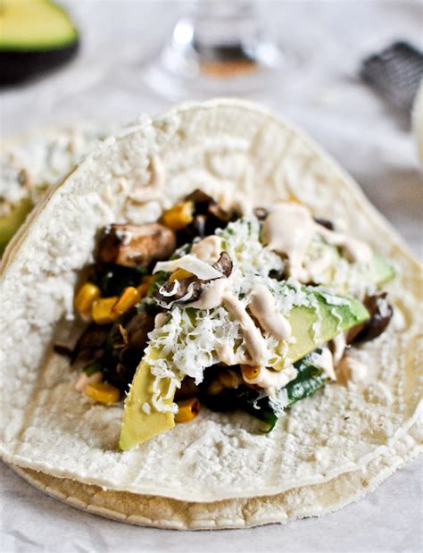 Grilled Corn Mushroom Roasted Poblano Tacos With Chipotle Crema