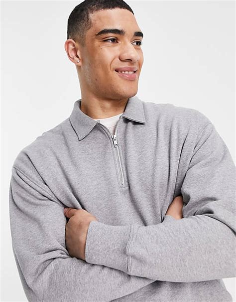 Asos Design Oversized Half Zip Sweatshirt With Collar Neck In Gray Asos