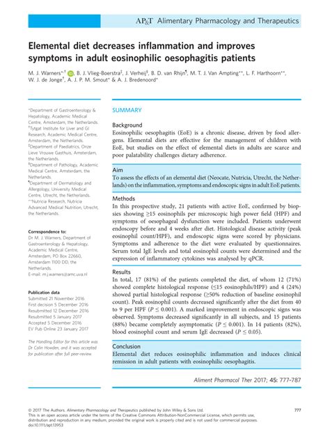 Pdf Elemental Diet Decreases Inflammation And Improves Symptoms In Adult Eosinophilic