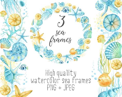 Underwater Watercolor Frame Sea Life Border Nautical Frame Circle