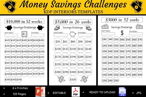 Money Saving Challenge Printable Pdf Savings Tracker Kdp