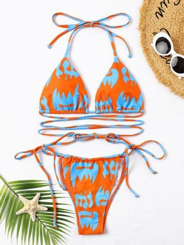 Emmiol Free Shipping 2024 Graphic Crisscross Bikini Swimsuit Orange S