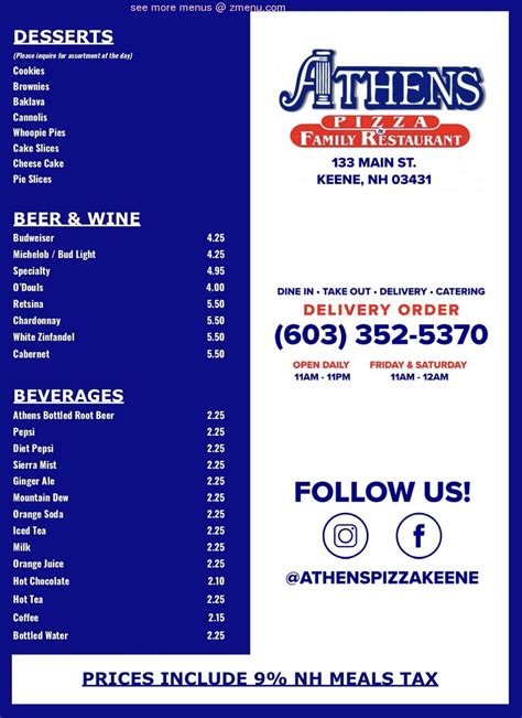 Menu at Athens Pizza & Family Restaurant, Keene